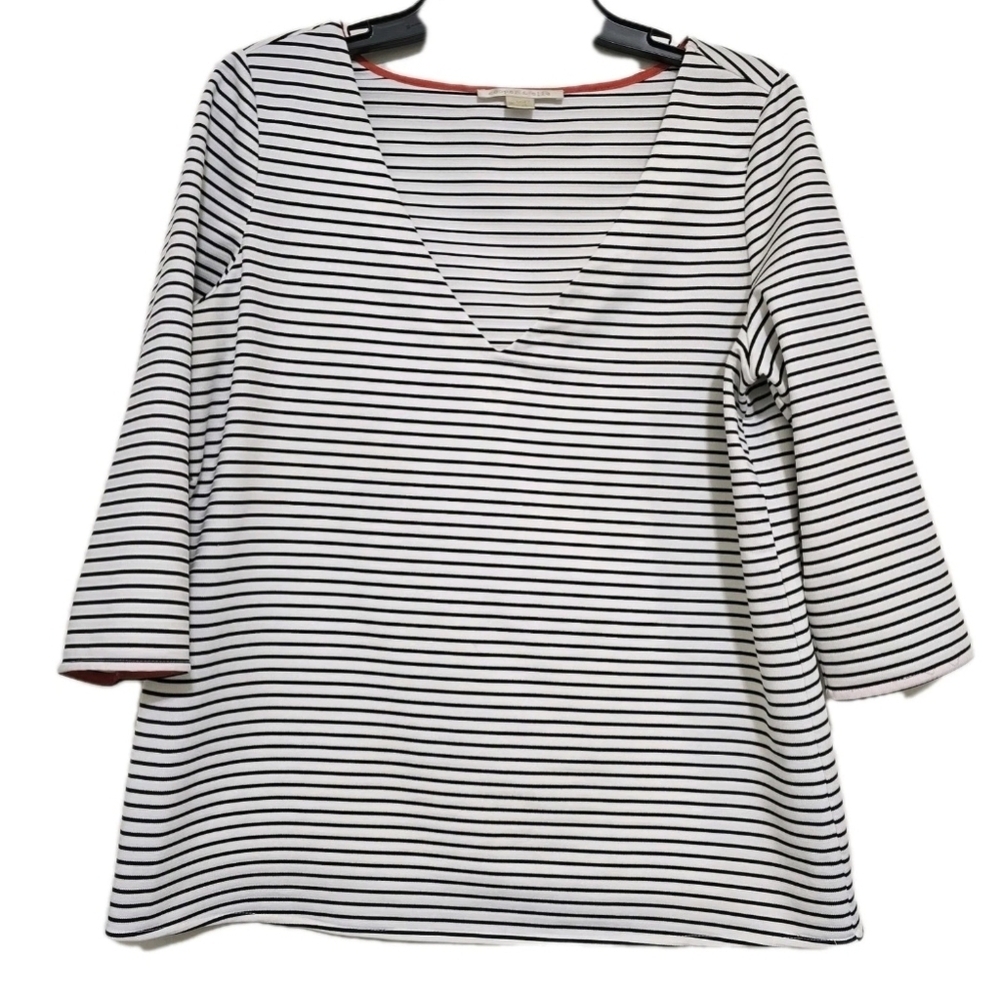 COOPER & ELLA size Medium Striped V Neck‎ 3/4 Sleeve Stretch Top Classic White